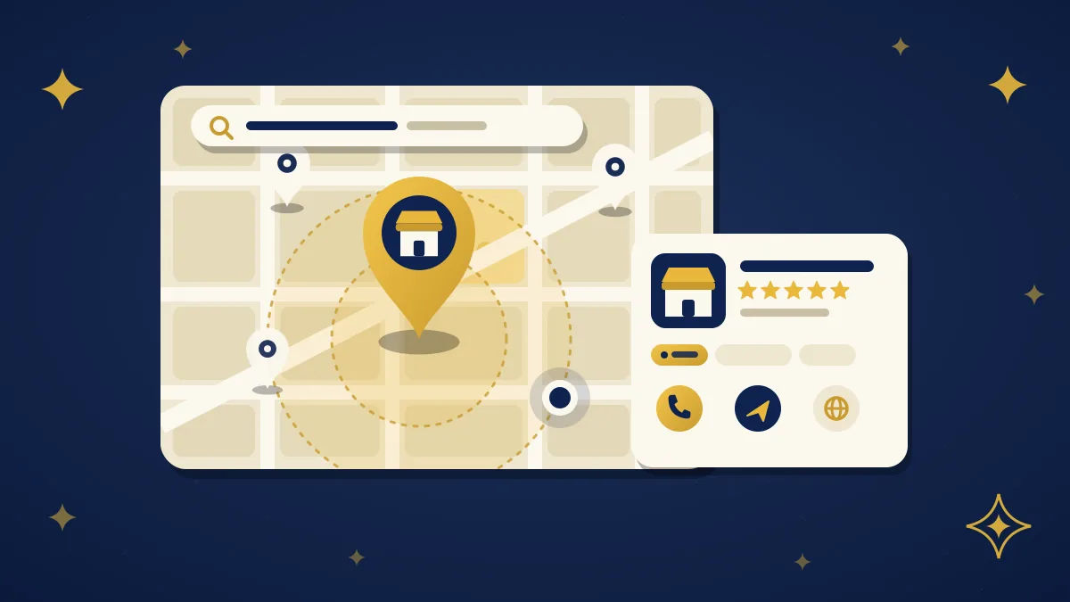 Illustration of a local map with a large gold shop pin inside a nearby-search radius, a search bar, and a business listing card with star reviews and call, directions and website buttons