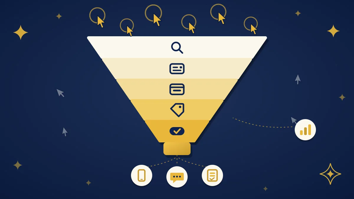 Illustration of a funnel with many cursor clicks entering at the top and only a phone, chat and enquiry form coming out at the bottom, with a small analytics badge on the side