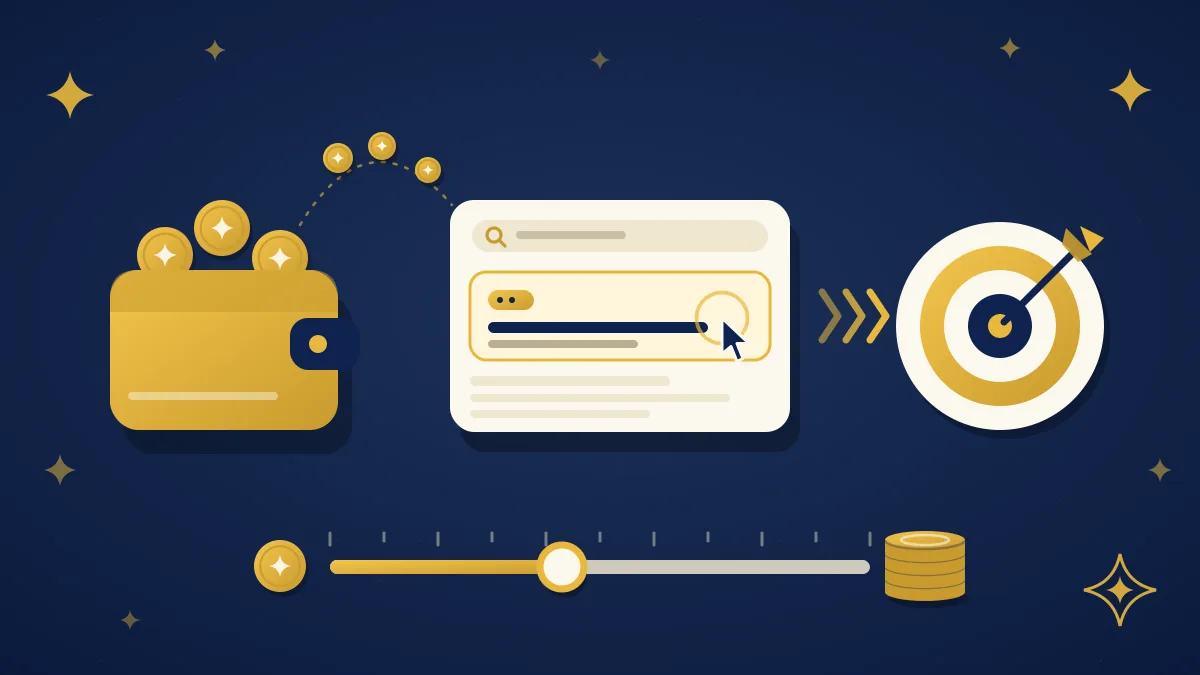 Illustration of a gold wallet sending coins toward a search result advert and a bullseye target, with a budget slider and coin stack along the bottom
