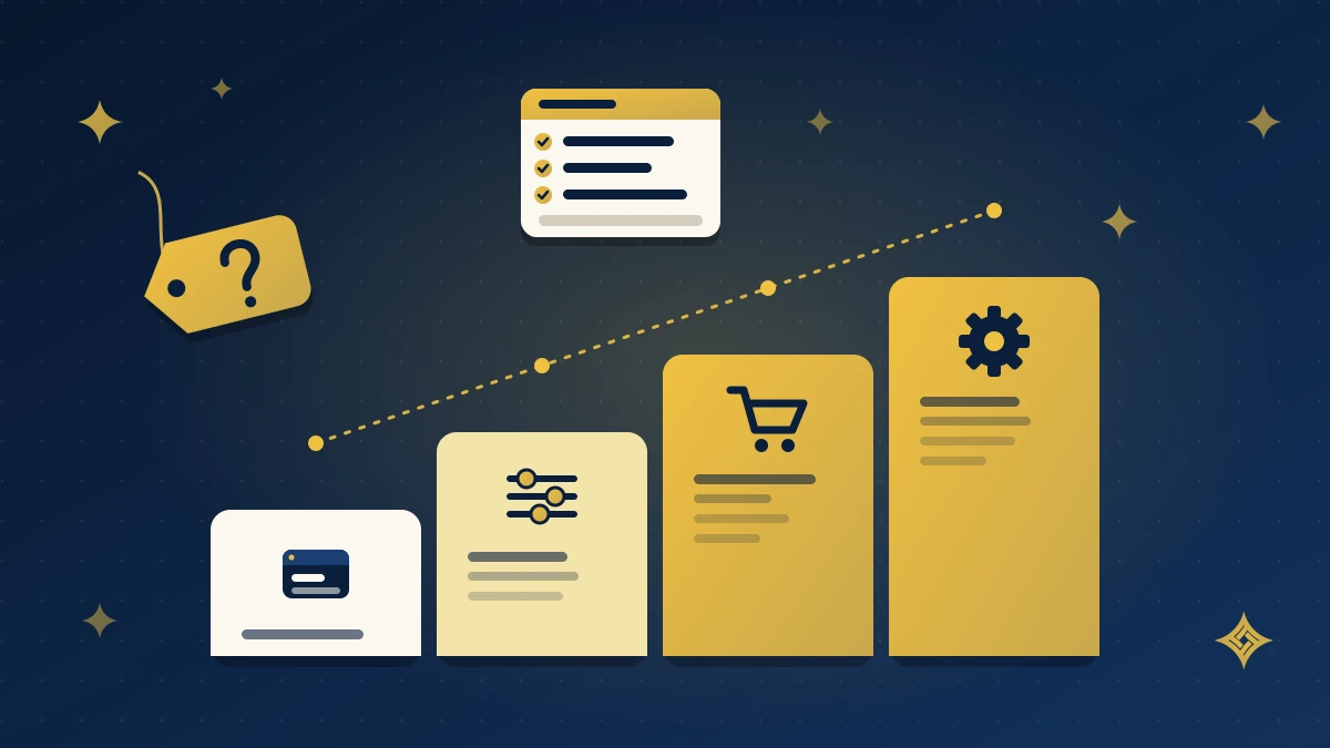 Illustration of four rising steps for a basic website, CMS website, e-commerce store and custom platform, with a price tag question mark and a quotation checklist