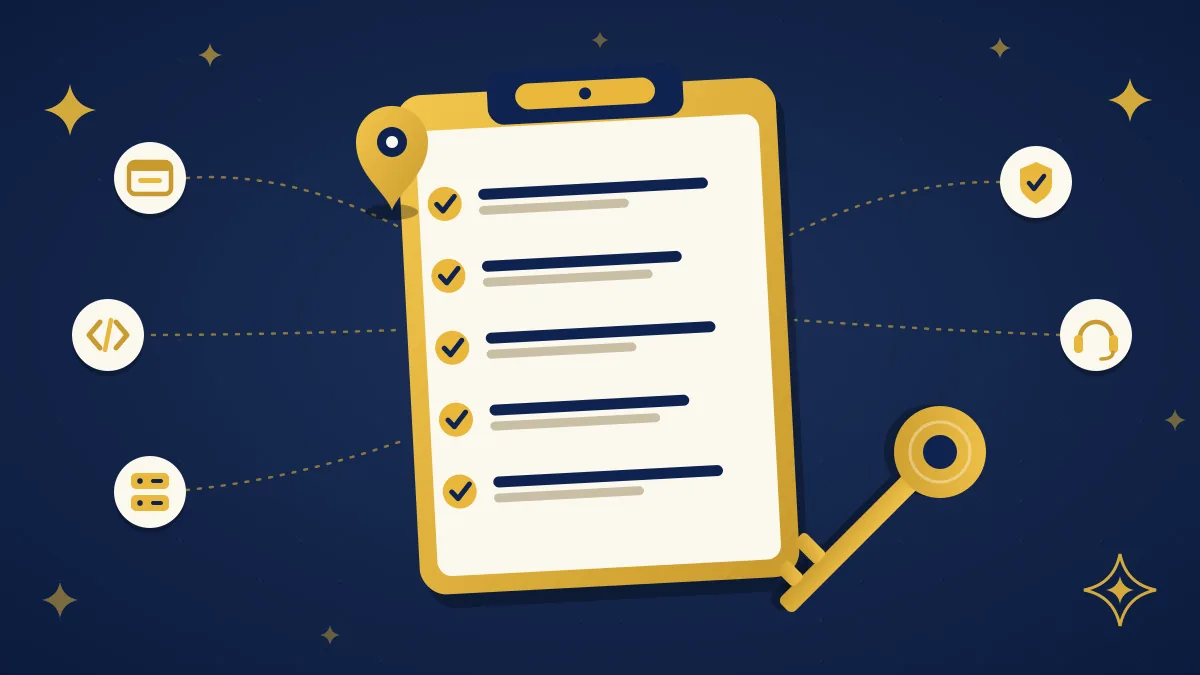 Illustration of a clipboard with a completed checklist, a location pin, a large gold key and icons for previous work, technology, hosting, security and support