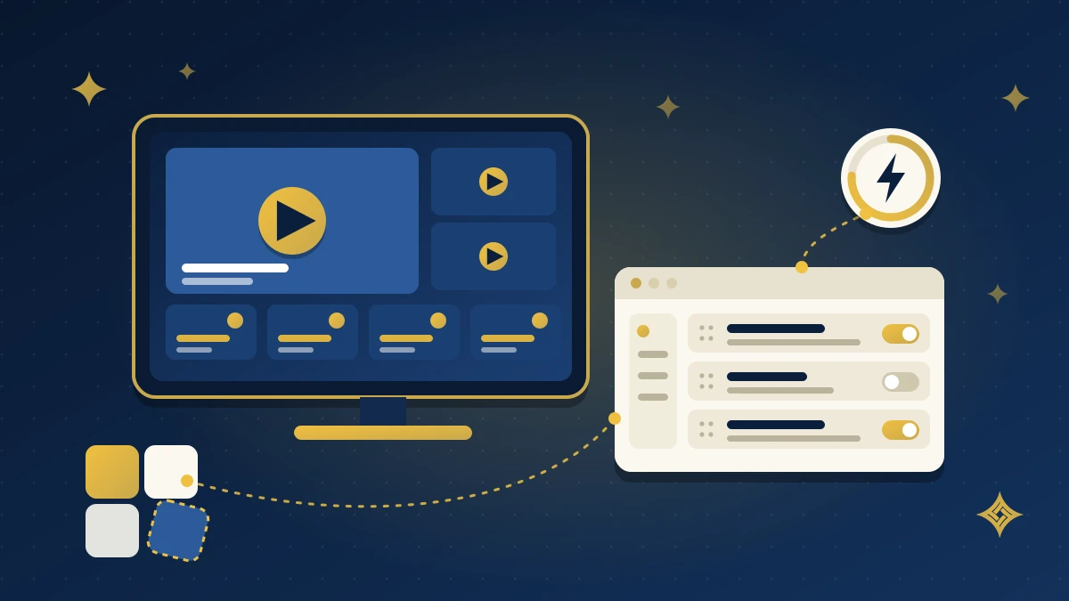 Illustration of a large TV screen showing a video content platform beside a content management panel with toggles and a performance speed badge