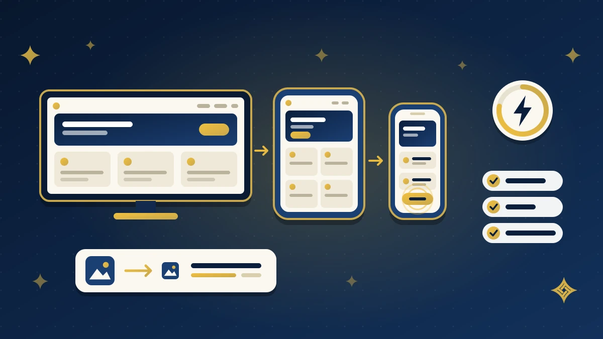 Illustration of one website adapting from a desktop monitor to a tablet and a phone, with a speed gauge, an image compression icon and a checklist