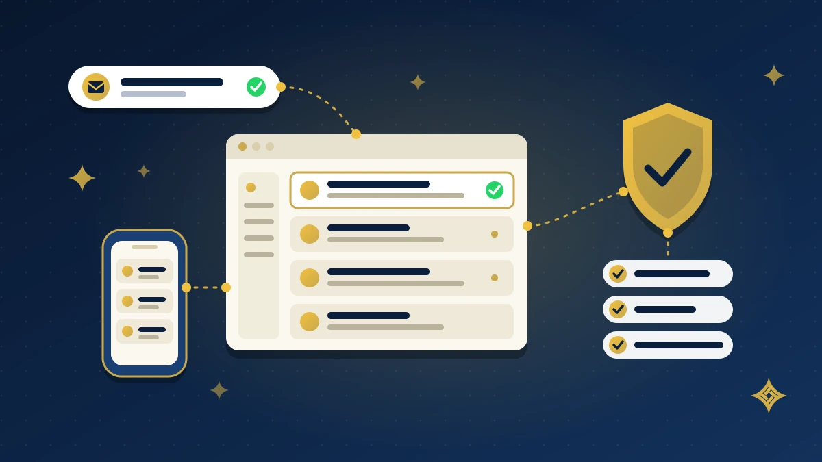 Illustration of a business inbox on desktop and phone with a gold security shield and verified checkmarks, representing professional domain email setup
