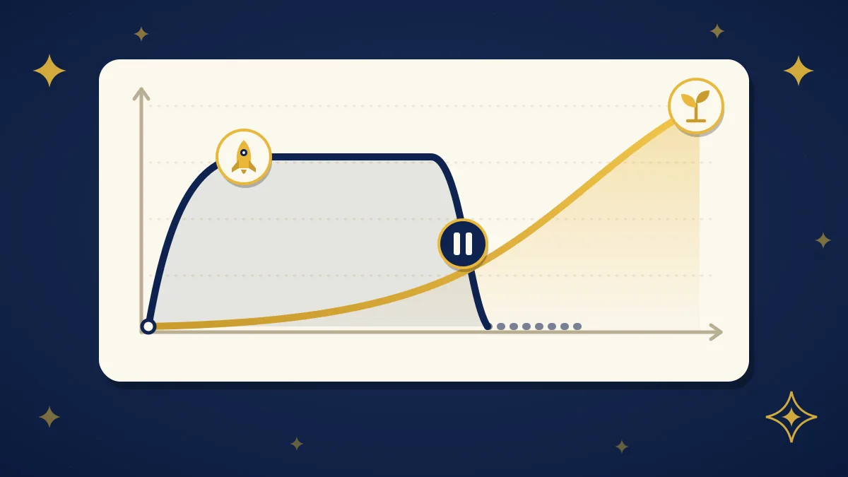 Illustration of a traffic graph where a navy line with a rocket shoots up quickly and then drops when a pause symbol appears, while a gold line with a sprout climbs slowly and keeps growing