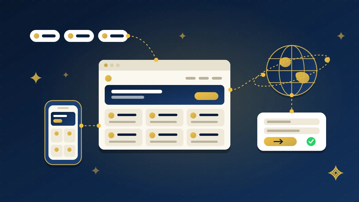 Illustration of a service-focused business website on desktop and mobile with a globe and an enquiry form, representing a communications company website