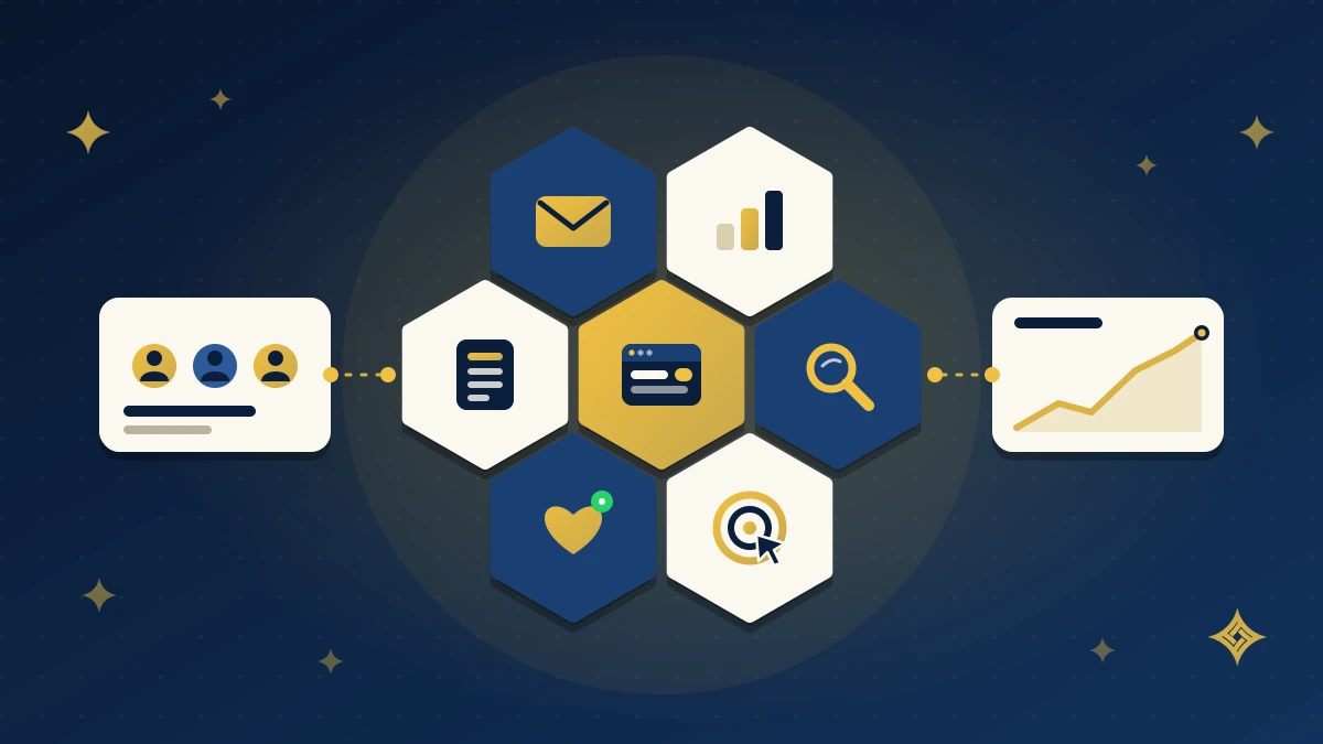 Illustration of interlocking hexagons for website, SEO, Google Ads, social media, content, email and analytics, with a digital agency team on one side and growth results on the other