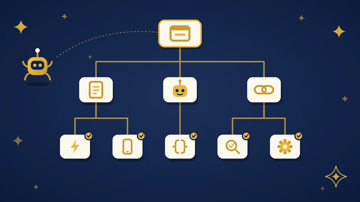 Illustration of a website structure tree with a small gold crawler robot approaching the homepage, and checked page nodes for sitemap, robots.txt, canonical links, speed, mobile, structured data, inde