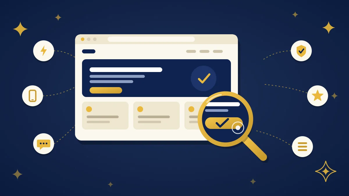 Illustration of a website in a browser window with a large magnifying glass zooming in on a call-to-action button, surrounded by icons for speed, mobile, contact, trust, reviews and navigation