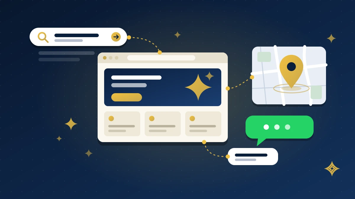 Illustration of a Google search bar, website, map pin and WhatsApp chat connected together, representing a Kenyan business's digital presence
