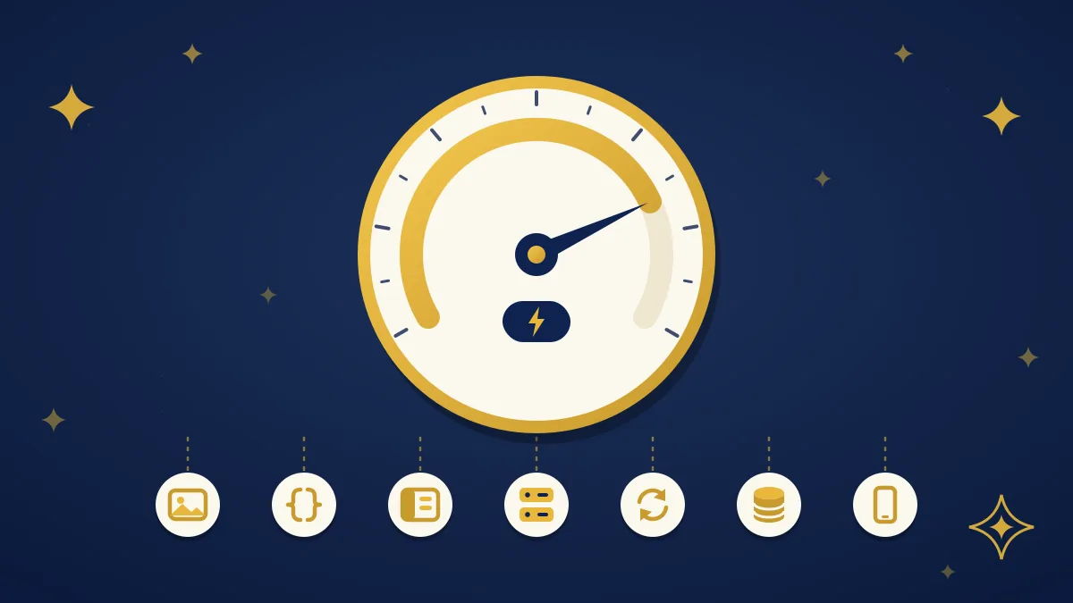 Illustration of a large speedometer dial with a needle in the fast zone above a row of icons for images, JavaScript, CSS, hosting, caching, database and mobile