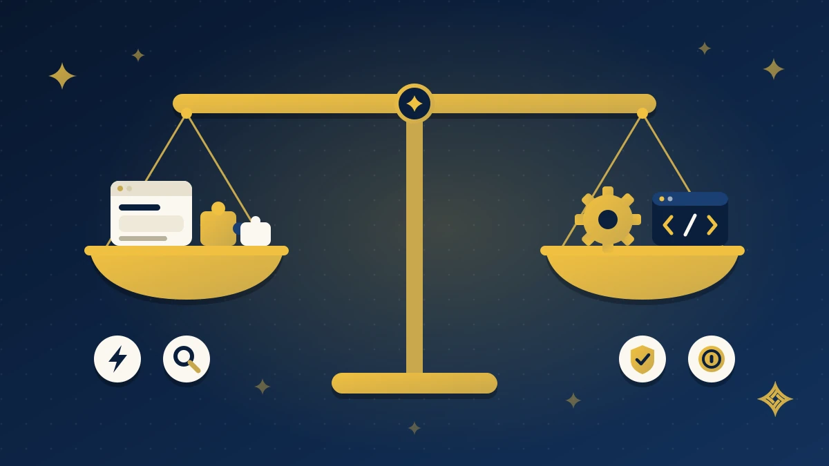 Illustration of a balanced scale comparing a ready-made website platform with plugins against a custom-built website with a gear and code window